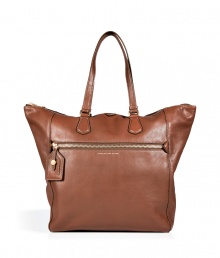 Detailed in classic brown leather with a streamlined look, Marc by Marc Jacobs timeless tote lends a polished edge to every outfit - Zippered front pocket with luggage tag, metallic embossed logo, double top handles, zippered top, inside zippered back wall pocket, front wall slot pockets - Perfect for work, school, or weekend shopping