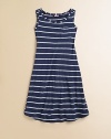 Eye-catching, nautical-inspired stripes embellish this cozy knit frock for your little sailor.BoatneckSleevelessPullover stylePatch pocketRounded hem39% supima cotton/39% micro modal/22% polyesterMachine washImported