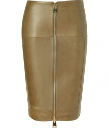 Tough goes luxe with this supple zipper-detailed leather pencil skirt from Hakaan - Classic pencil silhouette, slash pocket, front two-way exposed zip closure, seaming details, supple smooth leather- Wear with a cashmere pullover or silk blouse and platform pumps