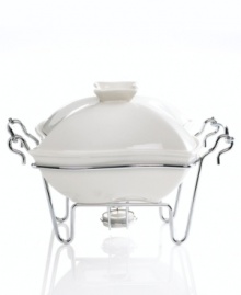 Serve hot hors d'oeuvres or warm up your next entrée with this white porcelain baker from Godinger. With a warming stand and tealight candle included. Shown front.