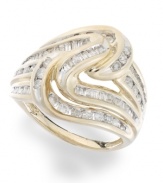 Add some shine with a captivating cocktail ring. Yell'Ora's swirling style combines round and baguette-cut diamonds (1 ct. t.w.) in a channel setting. Base metal made from a combination of pure gold, sterling silver and palladium.