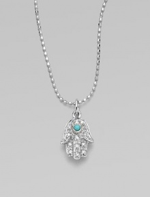 The open hand, a traditional symbol of protection, set with pavé diamonds and a vibrant turquoise center on a 14k white gold ball chain.Diamonds, 0.06 tcw 14k yellow gold Chain length, about 16 Pendant length, about ½ Lobster clasp Imported