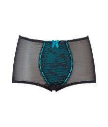 Get the sultry glamorous look of a vintage 1950s pin up girl in Von Follies by Dita Von Teeses black and deep rich turquoise stretch lace and mesh high-waisted briefs - Sheer black stretch lace front panel over deep rich turquoise, laced satin trim, sheer mesh sides and back with ruched detail - High-waisted, extra full coverage - Wear with the matching corset for a seriously seductive look