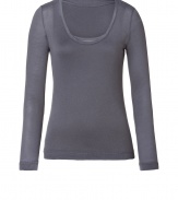 Stylish long sleeve t-shirt in slate cotton cashmere blend - Wide, double layer scoop neckline - Feminine fit, hits at hip - Super-soft wardrobe go-to - Wear solo or pair with a cardigan or denim jacket