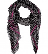 With a cool croco print and bright magenta border, Marc by Marc Jacobs fringed scarf lends a fun urban edge to any outfit - Drawn logo plaque and logo at corner, frayed edges - Wrap around leather jackets or wear indoors over bright knit cashmere