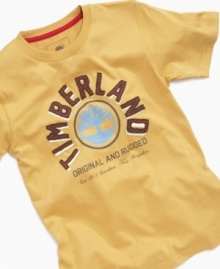 Tough and rugged is what boys are made of and he'll sport that proudly in this short-sleeved tee shirt from Timberland.