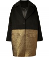 A voluminous silhouette informs this wool and synthetic fiber combo coat from fashion-forward London brand Hakaan - Large spread collar, long sleeves, single button closure, two-tone with gold synthetic bottom half, flap pockets, oversized silhouette - Pair with a slinky cocktail frock or leather leggings, an asymmetric hem top, and high heels