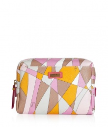 Get up and go glamorously with Puccis elegantly eye-catching cosmetic case - Zip top style in a vibrant pink, yellow and beige graphic print - Leather accents, stitch trim and signature logo plaque - Durable plastic protects against dust and moisture - Convenient and practically sized to house all of your beauty essentials - Great for travel, also makes a superb gift