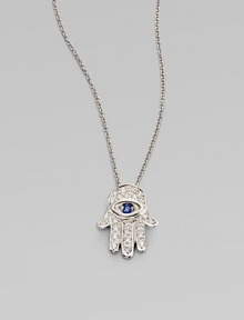 From the Tiny Treasures Collection. Sparkling diamond pavé with a single sapphire accent in an iconic Hamsa design.Diamond, 0.14 tcw Blue sapphire 18k white gold Adjustable length, about 16 - 18 Pendant length, about ½ Lobster clasp closure Made in Italy