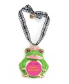 Go green. Betsey Johnson adds a sense of fun to the festive season with this green frog-themed picture frame ornament. Embellished with crystal accents and a gingham ribbon, it's crafted in gold tone mixed metal. Approximate length: 2-3/4 inches. Approximate drop: 4-1/4 inches.