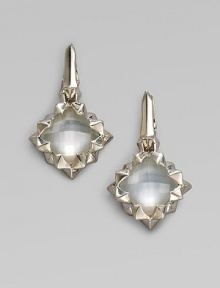 A ruffle of sterling silver frames a faceted mother-of-pearl cushion with a clear quartz overlay. Mother-of-pearl Clear quartz Sterling silver Drop, about 1¼ Post and hinge back Imported