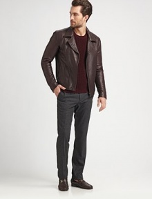 This supple lambskin leather jacket is the ideal representation of modern style. Notched collarFront zipperZipper slash pocketsAbout 25 from shoulder to hemLambskin leatherDry cleanImported