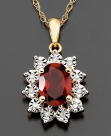 This classic necklace showcases January's birthstone by highlighting it with diamond accents. Featuring oval-cut garnet (1-1/2 ct. t.w.) set in 14k gold. Approximate length: 18 inches. Approximate drop: 3-1/4 inches.