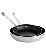 Making a brilliant breakfast is easy with this tri-ply duo of French skillets. Raised sides keep splatter and mess to a minimum while you flip and turn spinach & feta omelets, stuffed French toast and other savory morning treats. A bonded stainless steel construction features a pure aluminum core and three layers of Eterna® nonstick coating for unbeatable heating and effortless release. Lifetime limited warranty.