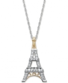 Ooh La La! Every Francophile simply must own this sparkling Eiffel Tower pendant. Crafted in sterling silver with 14k gold accents, this iconic structure receives a dazzling touch with the addition of round-cut diamonds (1/10 ct. t.w.). Approximate length: 18 inches. Approximate drop: 8/10 inch.