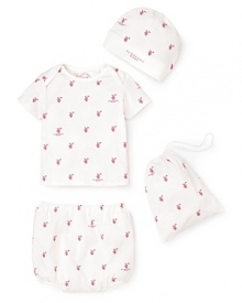 A gorgeous, very gift-able infant set, including a printed hat, tee and bloomer--all bundled in a matching drawstring bag.