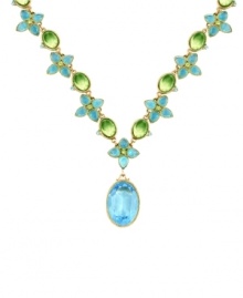 Get a fresh new look for spring by stepping up your accessory collection. 2028's statement necklace features bright blue zircon and oval-cut green crystals set in brass tone mixed metal. Approximate length: 16 inches + 3-inch extender. Approximate drop: 1-1/2 inches.