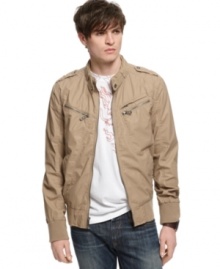 Add a touch of cool to your casual collection with this edgy chino jacket from Guess.