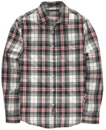 Time for a fresh take? This plaid shirt from Sean John is the perfect fit for your casual wardrobe.