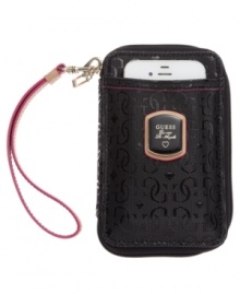 Dial up your fab factor with this cool case that gives your gadget a glam-over. Outfitted with signature-embossed pattern, gleaming hardware and convenient wristlet strap, it stashes phone, cards and cash in superb style.