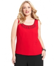 A plus size shell with beading and embroidery makes every meeting a little more exciting! Pair Kasper's top with the coordinating jacket or try it with a black suit to add a pop of color.