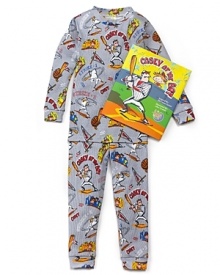 Baseball printed pajamas and book set for bedtime fun! Read the poem Casey At the Bat and discover how a young baseball player saves the day!