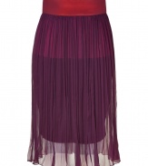 Luxe skirt in fine, pure silk chiffon - A sumptuous summer standout from it-designer Sophie Theallet - Fashionably colorblocked in rich ruby and orchid - High waisted, slim pencil cut with sheer, knife-pleated overlay - Zips at back - Elegant and eye-catching, perfect for parties and evenings out - Pair with dressy tanks and t-shirts or silk blouses and peep toe pumps or leather sandals