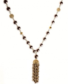 Worth the tassel. This necklace from Charter Club is crafted from brown gold-tone mixed metal with glass pearls and a glass pave tassel for a stylish effect. Approximate length: 34 inches + 2-inch extender. Approximate drop: 4 inches.