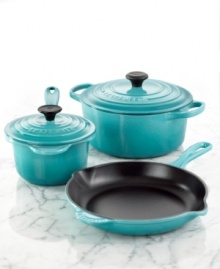 Learn to cook French. A charming mix of style and design, this cast iron collection equips your kitchen with incredible precision, performance and control. Advanced sand-colored enameled interiors exhibit superior heat distribution and retention, while colorful, durable exteriors resist the wear and tear of a busy space.  Lifetime warranty.