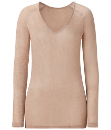 Stylish long sleeve shirt from a fine viscose blend - Very soft and comfortable quality - Classic color beige - With a wide, feminine, piped V-neck - The cut is slim, fitted and slightly longer, no cuffs - Casual, yet dressed up alternative to a blouse - Goes with a pant suit, jeans, a cardigan