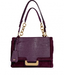 Upgrade ladylike looks with this luxurious must-have statement bag from Diane von Furstenberg - Front flap with magnetic snap closure, snapped slit pocket underneath, zippered back pocket, chain detailed satchel handle, leather shoulder strap, lip-shaped mirror attached to handle, adjustable width with snapped sides, inside zippered back wall pocket, 3 front wall slit pockets - Perfect for dressing up work and off-duty looks alike