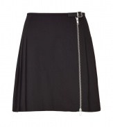 Coquettish yet full of edge, this pleated skirt from McQ Alexander McQueen gets a sexy kick with an exposed front zip - Flat front with buckle detail at waist and asymmetrical zip, pleated back, mini-length - Wear with a silk blouse, a blazer, and platform heels