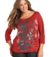 Pair your favorite jeans with Style&co.'s three-quarter-sleeve plus size top, featuring an embellished print.