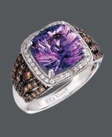 Splash your fingers with a playful pop of color. This stunning Le Vian ring features a square-cut amethyst (3-1/2 ct. t.w.) surrounded by a halo of white diamonds (1/6 ct. t.w.) and rows of chocolate diamonds (1/3 ct. t.w.) at the shoulders. Crafted in 14k white gold. Size 7.