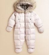 Keep your snow bunny warm in this quilted, weather-resistant design, finished with a faux fur-trimmed hood. Hood with checked lining Detachable fur trim Front zip closure Long sleeves with mittens Front slash snap pockets Attached booties Polyester fill Polyester Machine wash ImportedPlease note: Number of buttons/snaps may vary by size ordered. 