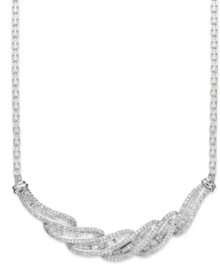 Subtly sparkling and precisely detailed, this elegant necklace is timeless. Crafted in sterling silver with round and baguette-cut diamonds (1 ct. t.w.). Approximate length: 17 inches. Approximate drop size: 2 inches x 1/2 inch.