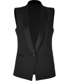 Add a glamorous menswear-inspired edge to any outfit with DKNYs jet black tuxedo-style vest - Satin shawl collar, single button closure, satin trimmed slit pockets, slight high-low hemline - Tailored fit - Wear with a sleeveless shift and statement heels to cocktails