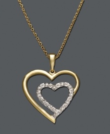 Tell her you love her twice over with this double heart pendant. Necklace features round-cut diamond (1/10 ct. t.w.) in a 18k gold over sterling silver setting. Approximate length: 18 inches. Approximate drop: 1 inch.