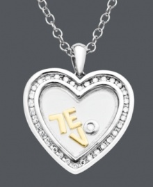 A pendant that creates a picturesque puzzle. Jumbled letters spell out how much you care in this creative piece. Heart features channel-set round-cut diamond (1/8 ct. t.w.) at the outer edges with 14k gold letters in a sterling silver setting. Approximate length: 18 inches. Approximate drop: 9/10 inch.