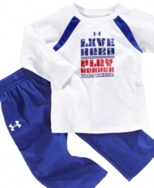 This cool football style tee and pants set by Under Armour boast a winning slogan to inspire your little champ.