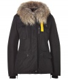 Stay warm in style with this chic down jacket from Parajumpers - Fur-trimmed collar, long sleeves with ribbed cuffs and logo at shoulder, concealed zip closure, flap pockets, back zipper details with dual back vent, water resistant, slim fit - Style with skinny jeans, a cashmere sweater, and shearling boots