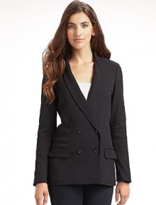 THE LOOKTuxedo lapel Double breasted button front Long sleeves Welt and flap pockets at hipsTHE FITAbout 28 from shoulder to hemTHE MATERIAL95% wool/5% Lycra spandex Fully linedCARE & ORIGINDry clean Imported