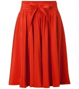 Elegant skirt in fine, pure silk - Vibrant and on-trend in rich rust-orange - Supremely soft fabric has a lush, matte sheen and hangs beautifully - Slightly higher waist with chic, slim tie belt and belt loops - Side pockets and hook-and-eye closure - Gently pleated swing style hits just above the knee - Pair with a button down, dressy tank or short sleeve sweater and flat sandals, wedges or peep toe pumps