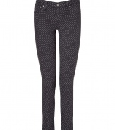 Get the must-emulate look of the moment in these chic dot-printed jeans from Adriano Goldschmied - Classic five-pocket styling, straight leg, skinny, allover dot print - Pair with a relaxed fit tee, a loose knit cardigan, and embellished ballet flats