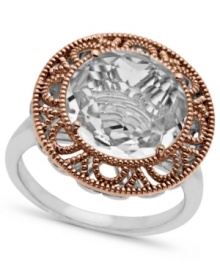 Elegant swirls with a touch of vintage appeal. Town & Country's beautiful ring combines a sterling silver and cut-out 14k rose gold setting with a stunning round-cut white quartz (4-1/2 ct. t.w.) at center. Size 7.