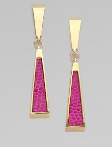 This chic style boasts boldly colored lizard skin inlays in 14k goldplated linear drops. Lizard skin14k goldplated white metal alloyDrop, about 2Post backMade in USA