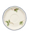 The Cottage Inn Breakfast/Cream Soup Saucer is the perfect addition to the sophisticated table. Lush, dancing clusters of ripened blueberries, raspberries and cherries are a stunning contrast on creamy white porcelain and lend every meal a touch of traditional elegance.