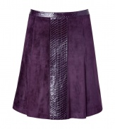 Channel the sophisticated side of the seventies with this bold suede and python skirt from Salvatore Ferragamo - A-line silhouette, python-trim at waistband and down front, concealed side zip closure - Style with a silk blouse, a slim trench, and platform pumps