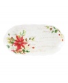 A season of entertaining and celebration will flourish with the Winter Meadow hors d'ouevres tray from Lenox. Red poinsettia, crisp holly and delicate paperwhites bloom on scalloped ivory porcelain with elegant gold script.