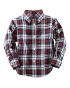 A classic button-down design is crafted from soft cotton poplin in traditional tartan plaid for timeless appeal.